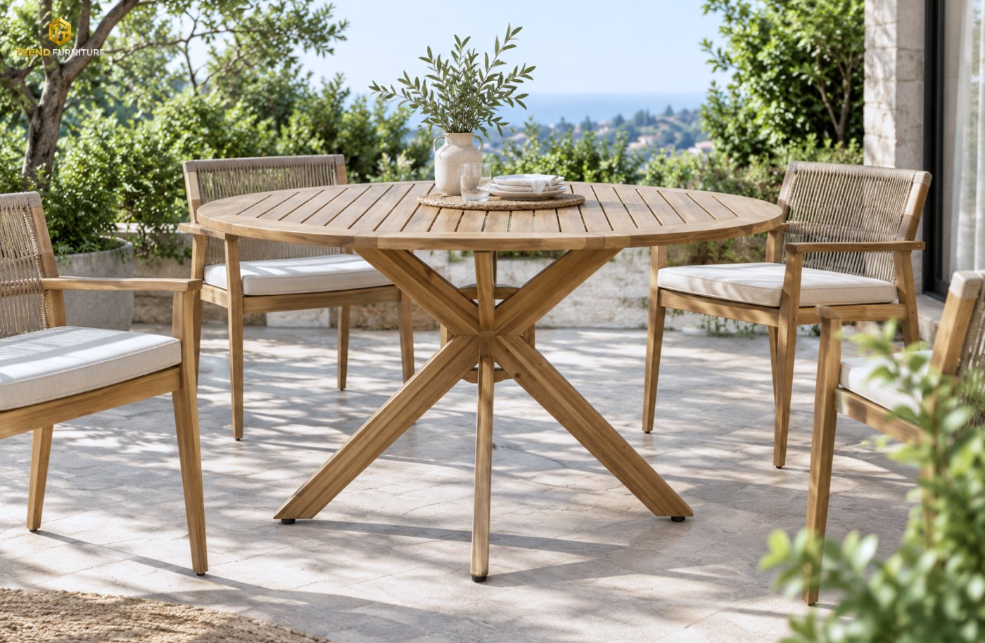 Bộ bàn ăn tròn Acacia 4 ghế dây đan