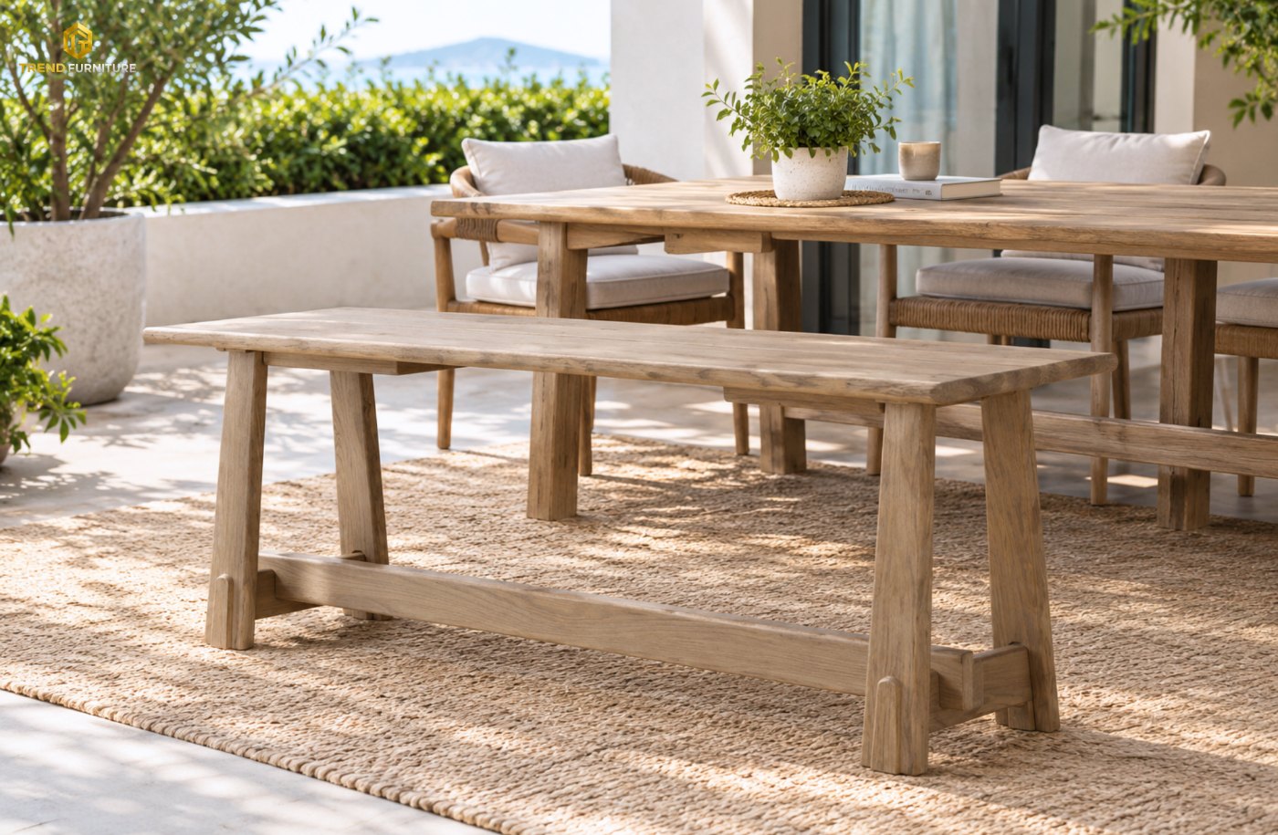 Bộ bàn ăn ngoài trời chân trestle kèm ghế băng