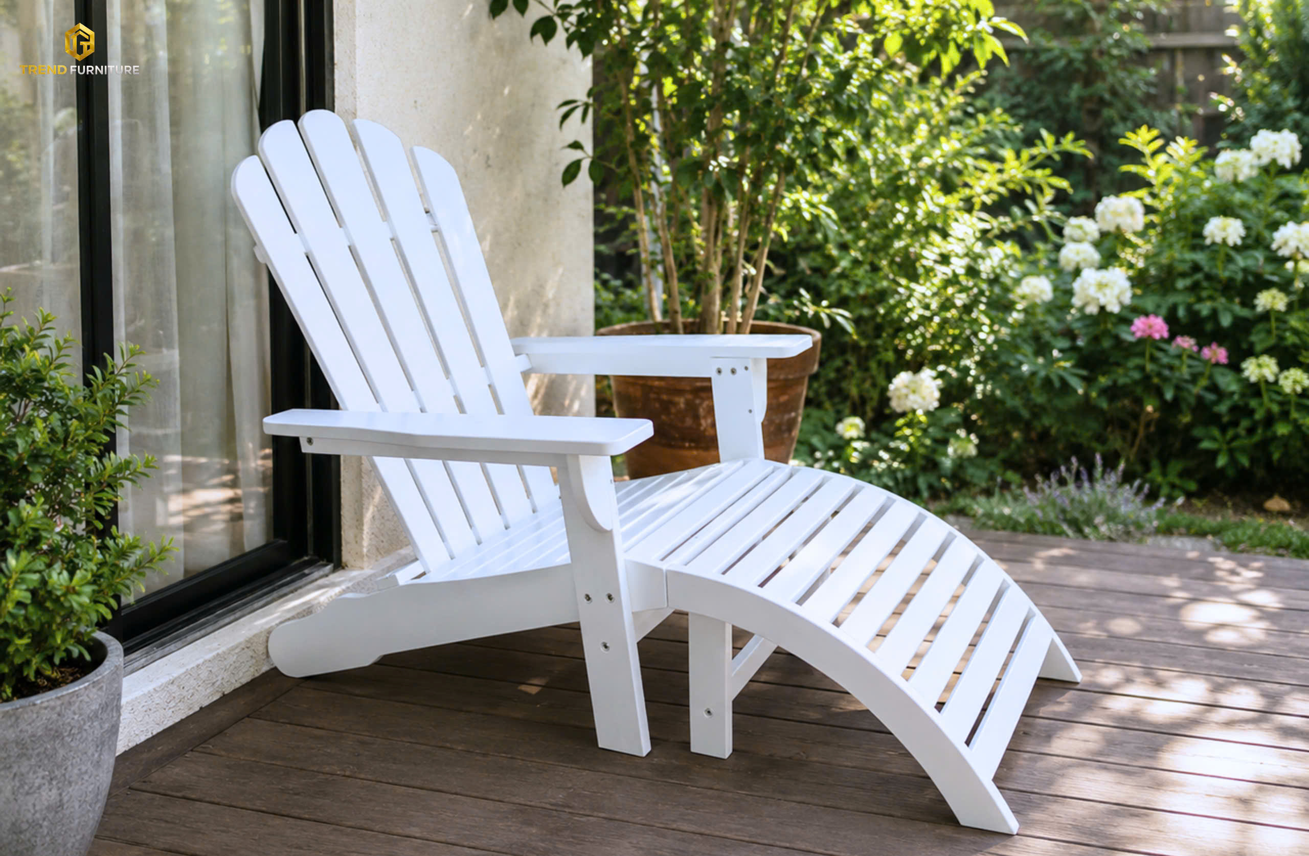 Bộ ghế Adirondack trắng kèm gác chân