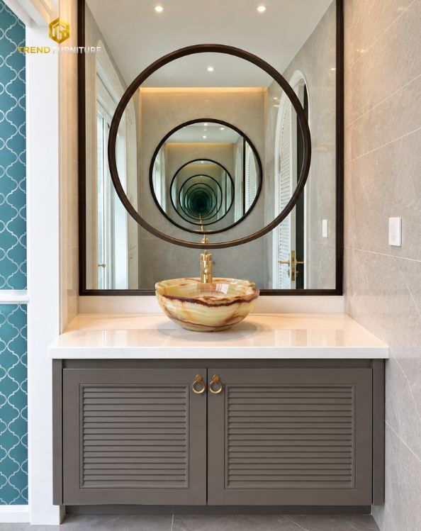 Tủ lavabo gỗ cửa lá sách, gương tròn